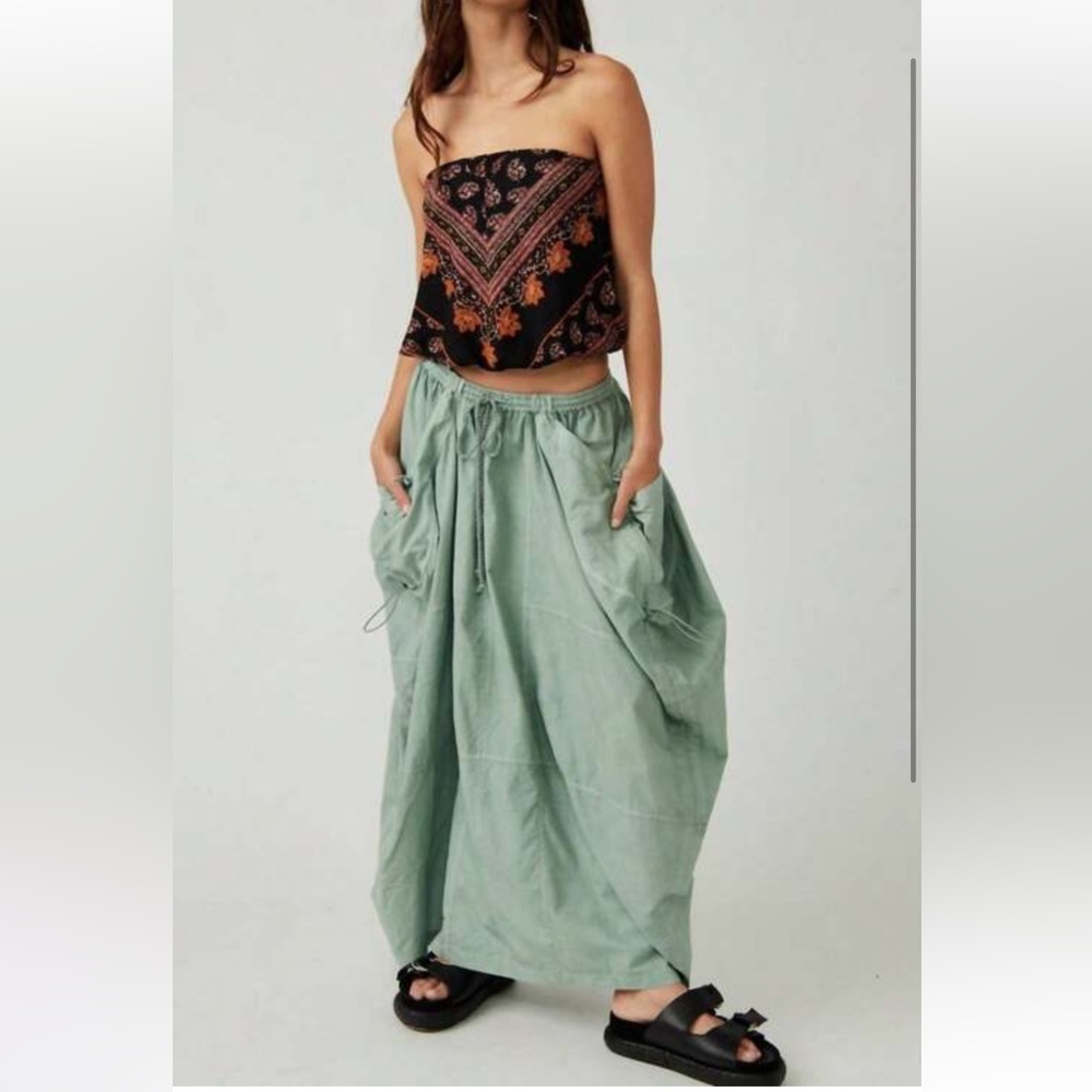 Free People Jilly Maxi Skirt Smocked Waist Cord Parachute Sage Green